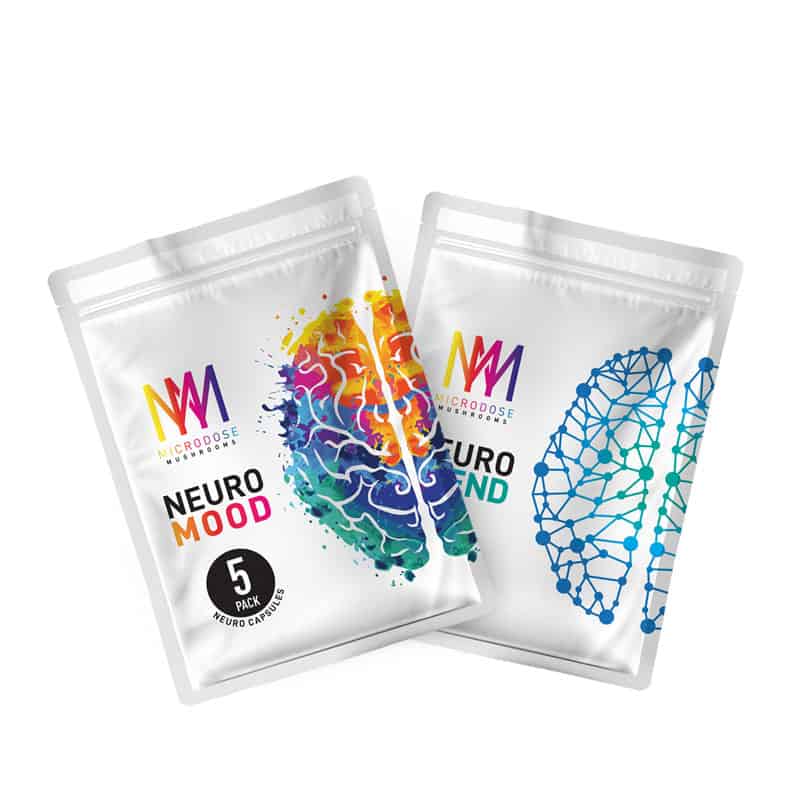 The Microdose Mushrooms Sample Pack - Neuro Blend & Neuro Mood includes two white pouches, each with vibrant brain illustrations and the Microdose logo. Each pouch contains 5 neuro capsules.